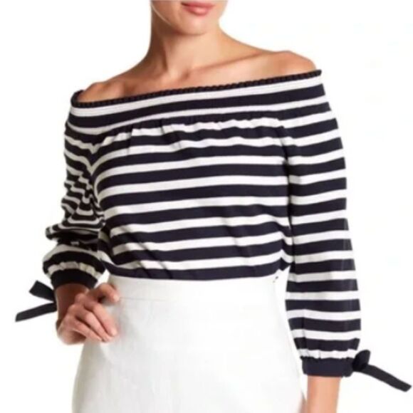 J. Crew Long Sleeve Off Shoulder Top Navy Blue Striped Nautical Size Small - Picture 1 of 5